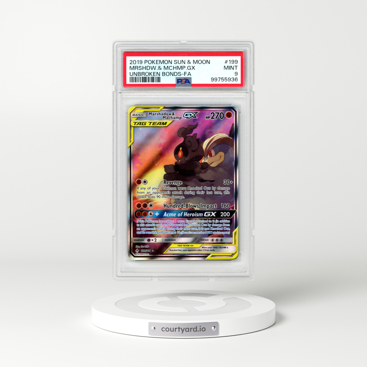 2019 Pokémon Sun & Moon Unbroken Bonds #199 Marshadow & Machamp GX - Holo Full Art (PSA 9 MINT)