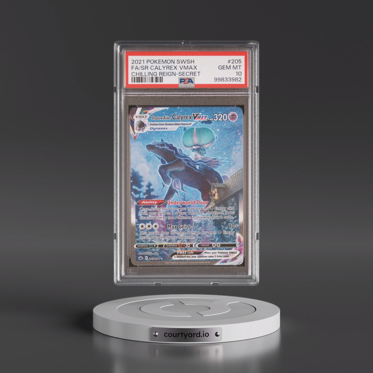 2021 Pokémon Sword & Shield Chilling Reign #205 Shadow Rider Calyrex Vmax - Full Art Secret (PSA 10 GEM MINT)