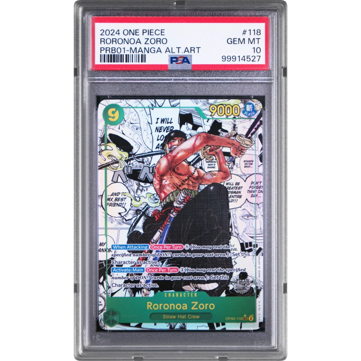 2024 One Piece PRB01-Premium Booster -One Piece Card the Best #118 Roronoa Zoro - Manga Alternate Art, PSA 10