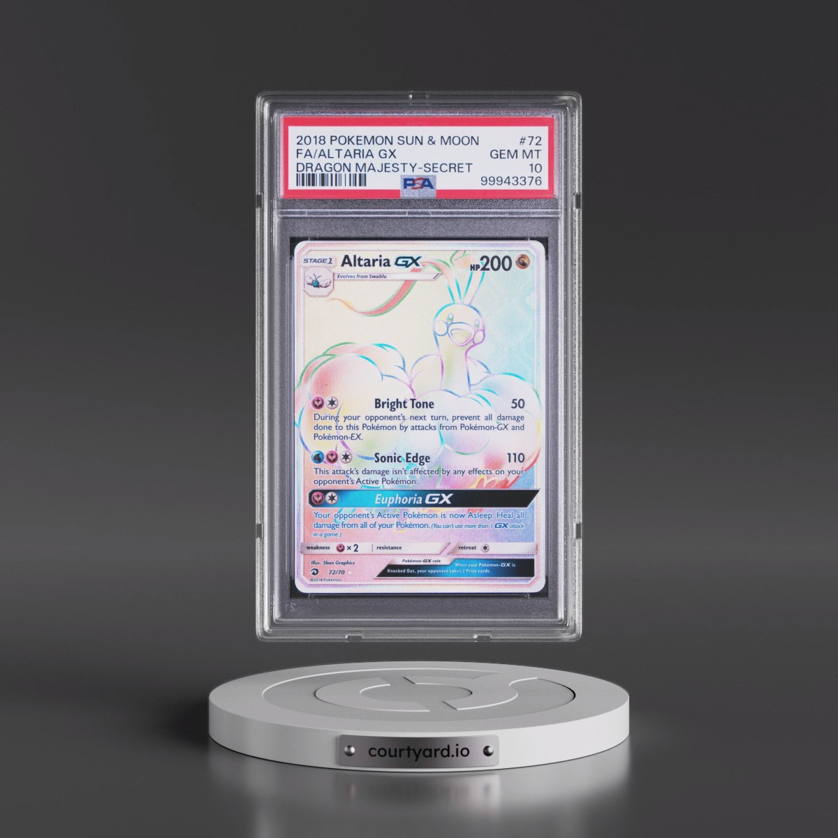 2018 Pokémon Sun & Moon Dragon Majesty #72 Altaria GX - Holo Full Art Secret (PSA 10 GEM MINT)