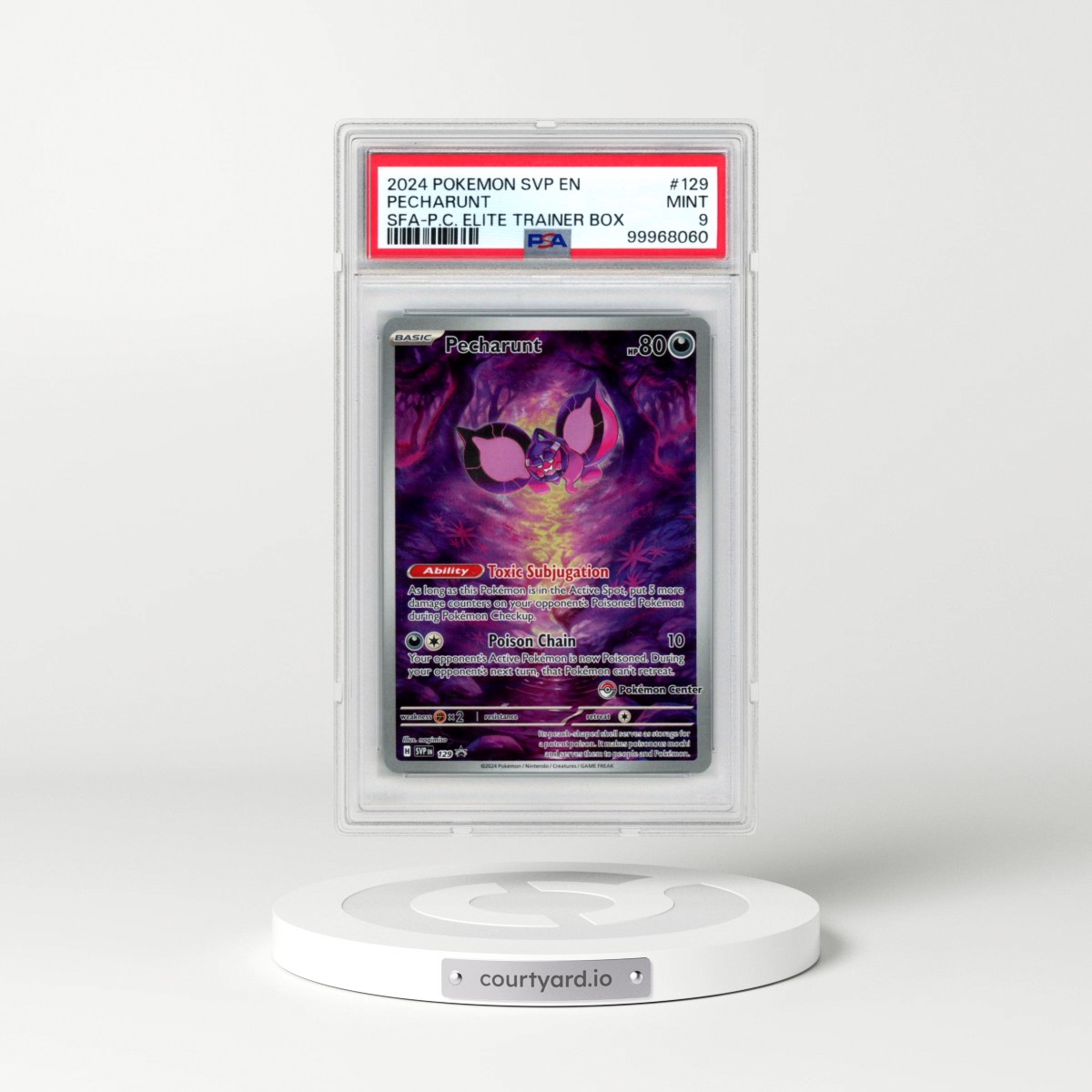 2024 Pokémon Svp EN-SV Black Star Promo #129 Pecharunt - Shrouded Fable Pokemon Center Elite Trainer Box (PSA 9 MINT)