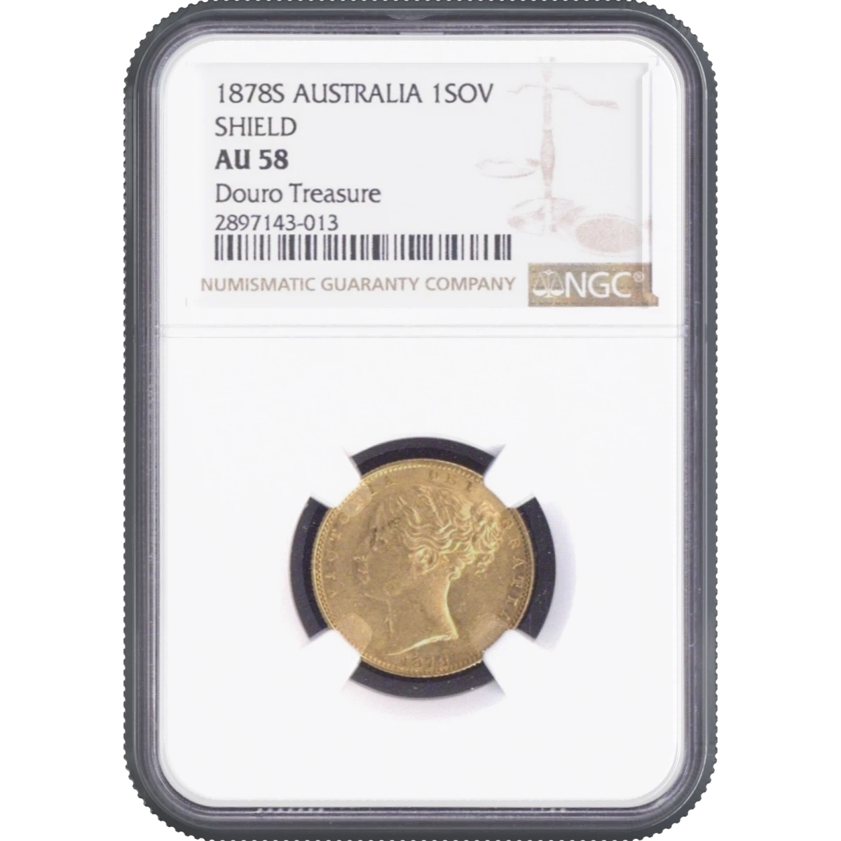1878S AUSTRALIA 1SOV SHIELD Douro Treasure NGC AU58