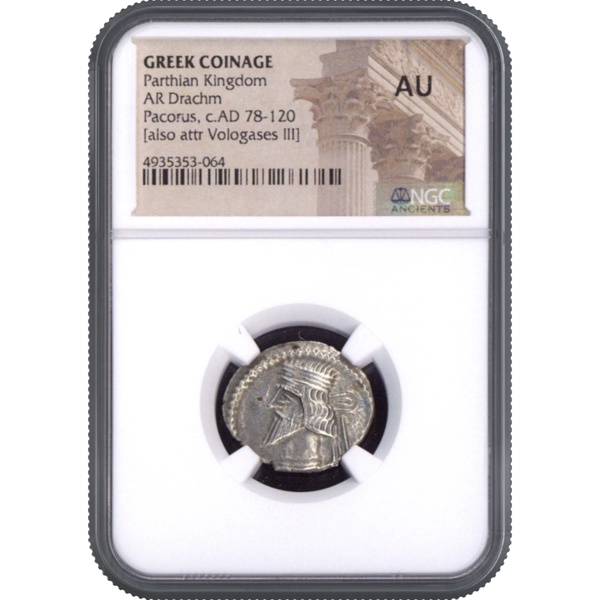 Parthian Kingdom GREEK COINAGE AR Drachm [also attr Vologases III] NGC AU